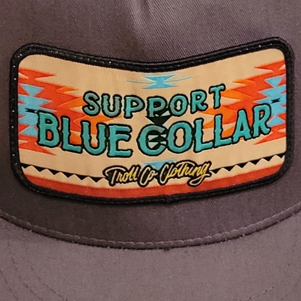 TROLL CO. CLOTHING Support Blue Collar Adjustable Snapback Meshback Trucker Cap - Picture 9 of 16